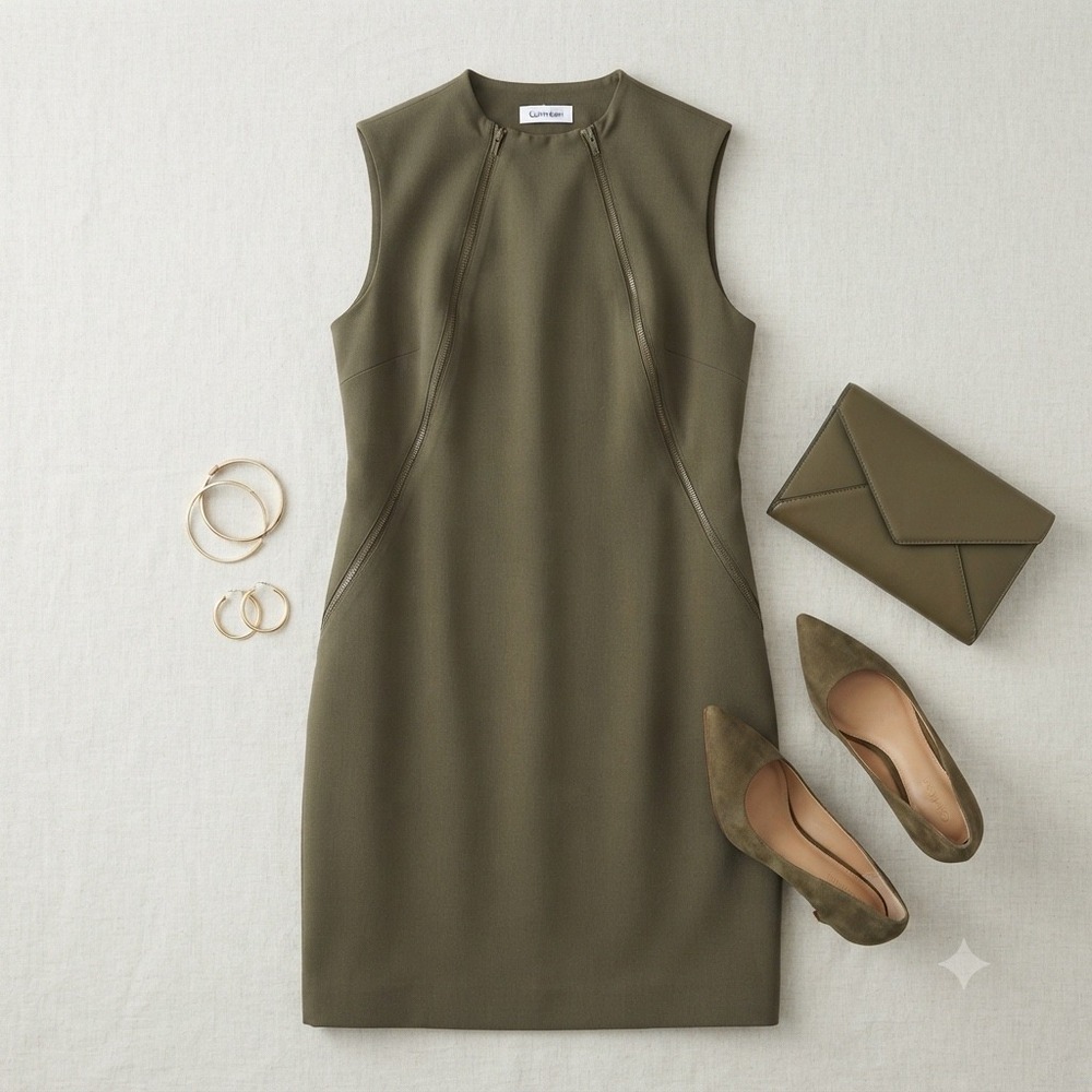 Calvin Klein Sheath Dress Womens 12 Olive Green Zipper Front Sleeveless Workwear